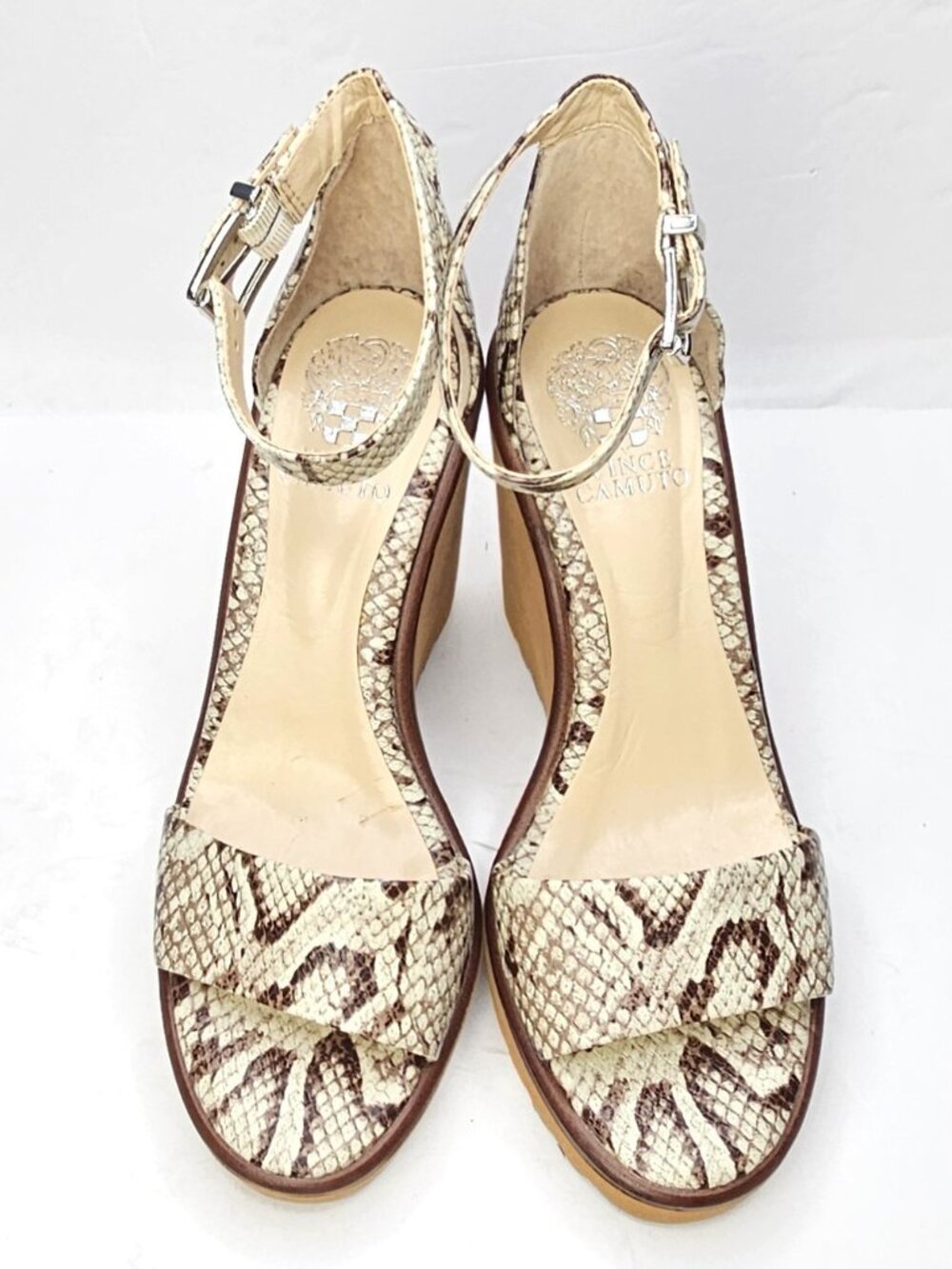 Vince Camuto Gretam Sz 9 Beige Snake Print Ankle Strap Wedge Platform Sandals - Picture 7 of 11